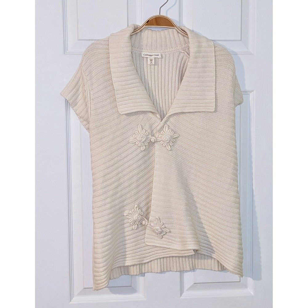 Coldwater Creek Knit Sweater Cardigan Vest Short Sleeve Floral Button Cream M